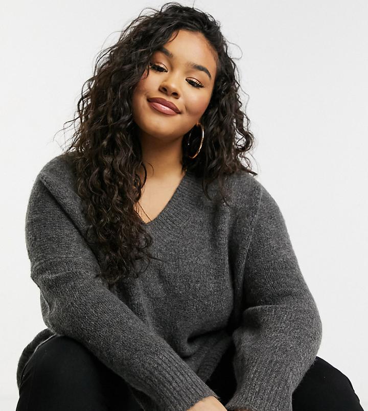 Asos Design Curve Oversized Sweater With V Neck In Gray-grey