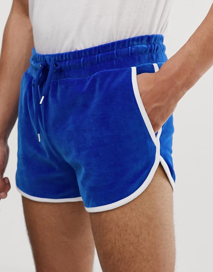 Asos Design Runner Shorts In Velour In Blue - Blue