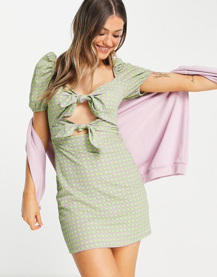 Asos Design Short Sleeve Bow Front Mini Dress With Cut Out In Lilac And Lime Gingham-multi