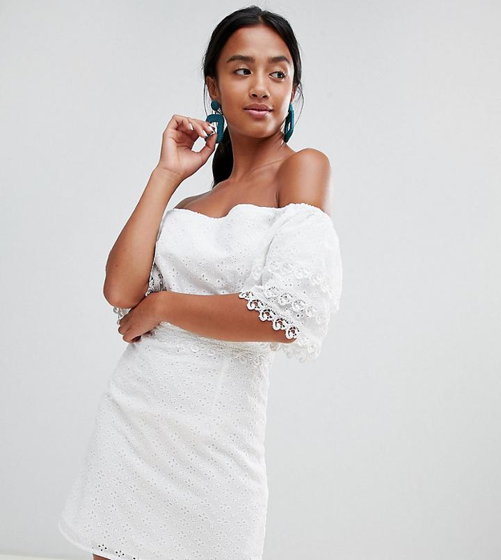 Little Mistress Petite Bardot Allover Broderie Mini Shift Dress In White