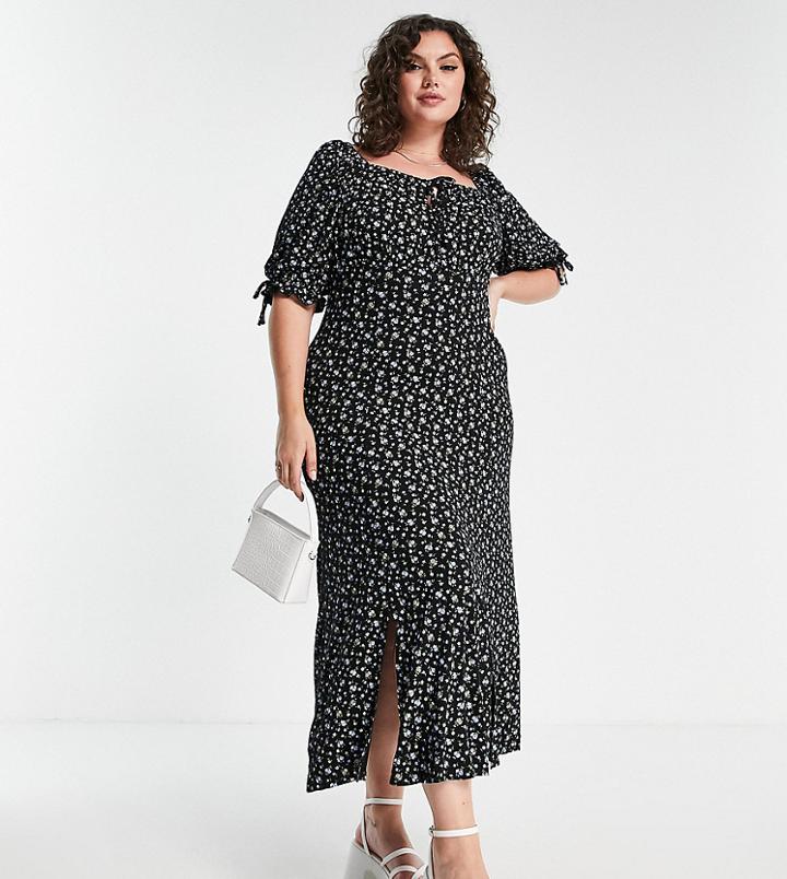 Yours Milkmaid Maxi Dress With Side Split In Black Floral