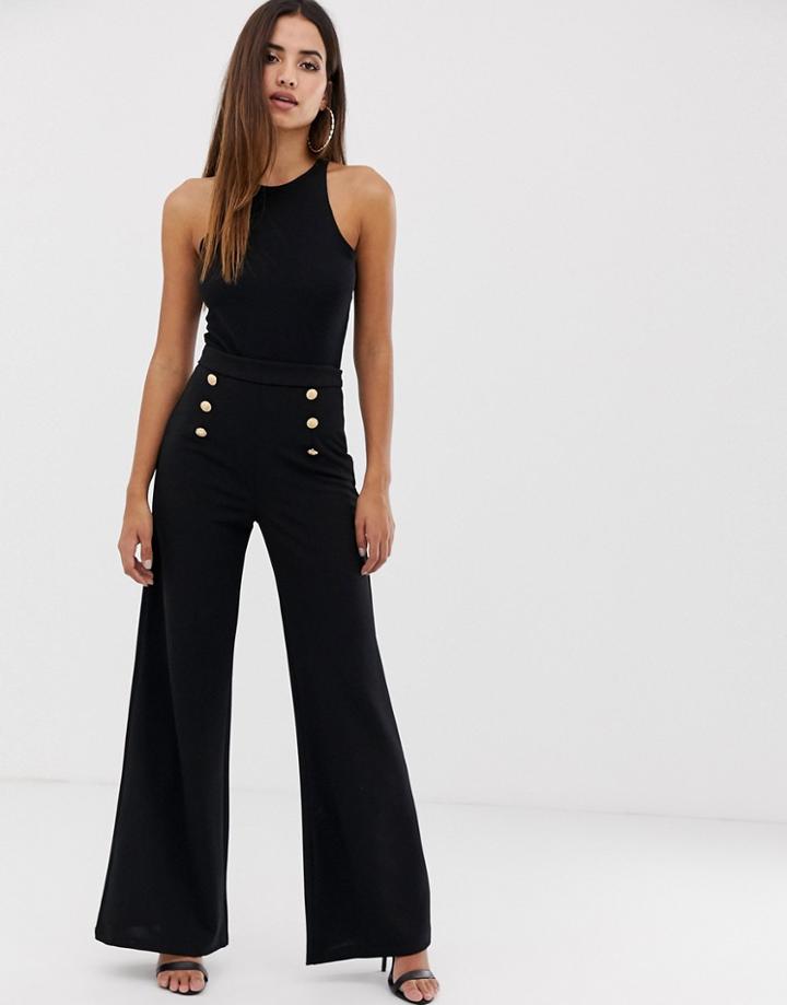 Boohoo Button Front Wide Leg Pants In Black - Multi