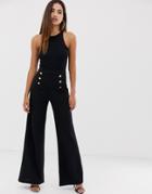 Boohoo Button Front Wide Leg Pants In Black - Multi