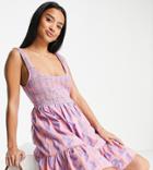 Asos Design Petite Shirred Mini Sundress With Tiers In Lilac And Peach Gingham-multi