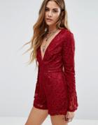 Young Bohemians Plunge Front Romper With Flared Sleeves In Lace - Red