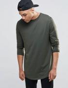 Asos Longline Long Sleeve T-shirt With Curved Hem In Khaki - Khaki