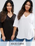 Asos Curve Oversized T-shirt With V Neck And Dip Back In Rib 2 Pack - Multi