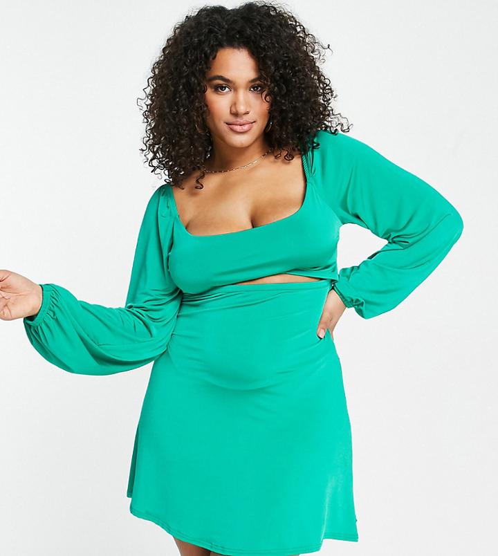 In The Style Plus X Liberty Exclusive Cut Out Waist Volume Sleeve Mini Skater Dress In Green