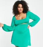 In The Style Plus X Liberty Exclusive Cut Out Waist Volume Sleeve Mini Skater Dress In Green