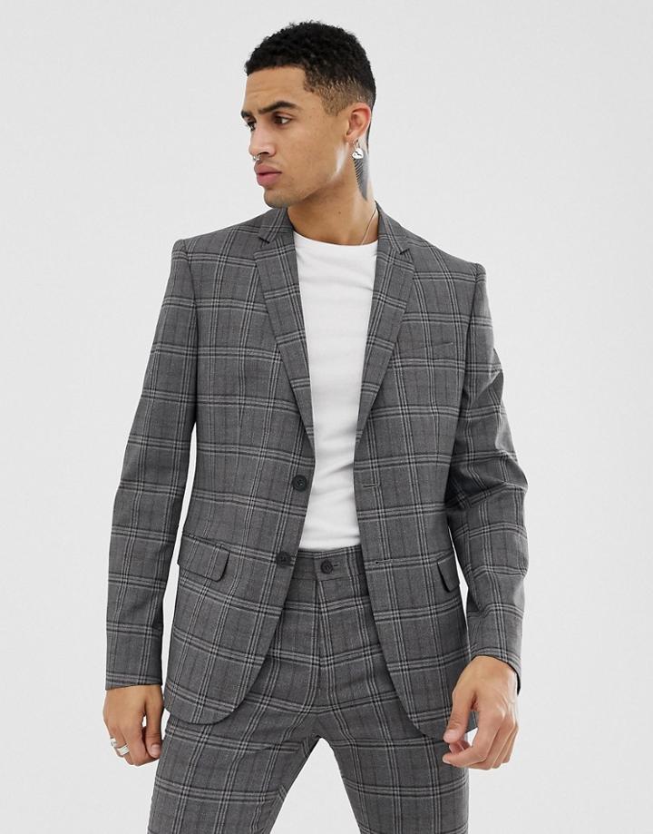 New Look Skinny Fit Suit Jacket In Gray Check - Gray