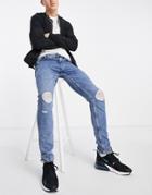 Only & Sons Stretch Slim Fit Sweat Jeans With Rips In Blue-blues