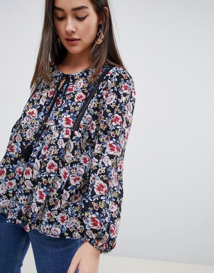 Qed London Floral Smock Top With Tassle - Navy