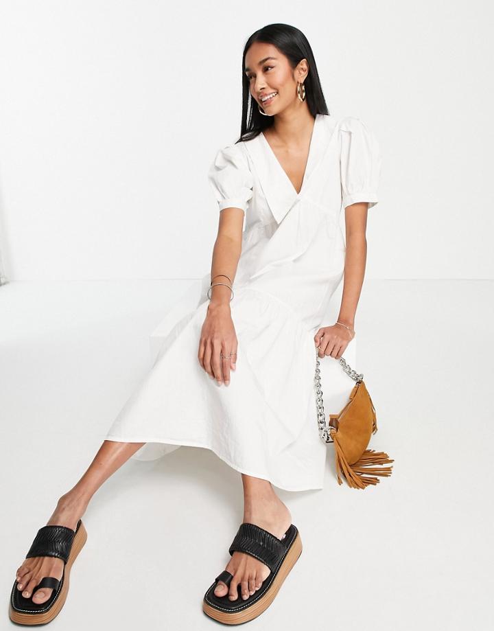 Vila Collar Detail Smock Midi Dress In White
