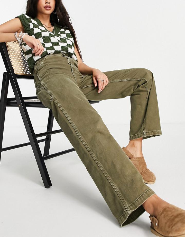 Topshop Carpenter Cotton Jeans In Khaki - Khaki-green