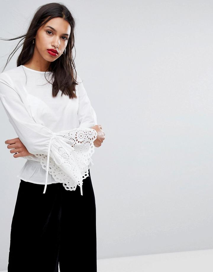 Y.a.s Woven Top With Crochet Fluted Sleeves-white
