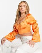 First Distraction The Label Satin Crop Top With Ruched Bust In Orange