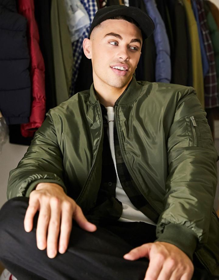 New Look Padded Bomber Jacket In Khaki-green