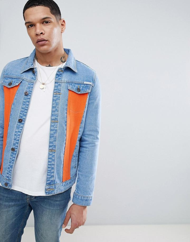 Liquor N Poker Stonewash Denim Jacket With Orange Panels - Blue