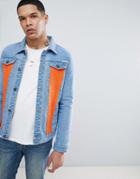 Liquor N Poker Stonewash Denim Jacket With Orange Panels - Blue