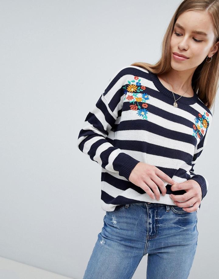 Brave Soul Striped Sweater With Floral Embroidery - Navy