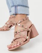 Asos Design Harlow Studded Block Heel Sandals In Beige-neutral