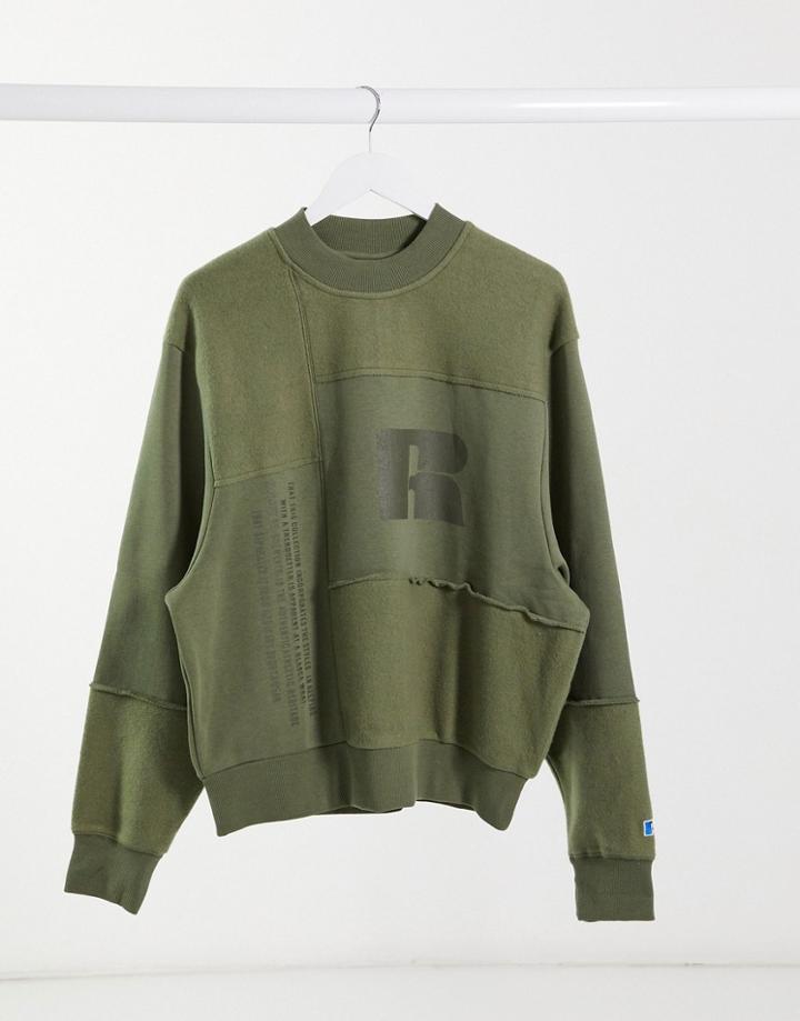 Russell Athletic Fleece Patchwork Sweatshirt In Khaki-green