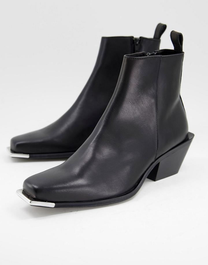 Asos Design Cuban Heel Chelsea Boots In Black Leather With Metal Toe Detail