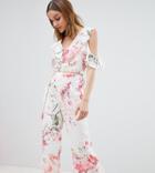 River Island Floral Print Frill Front Jumpsuit - Cream
