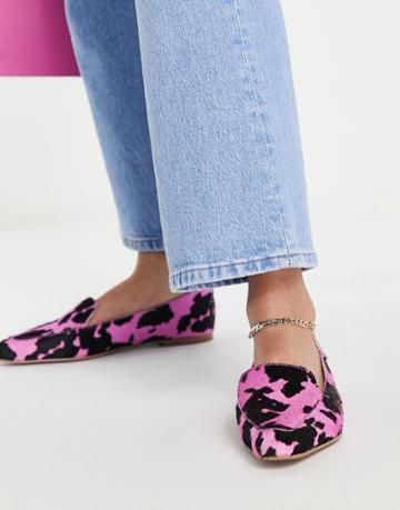 Asos Design Miley Leather Loafers In Pink Cow Print