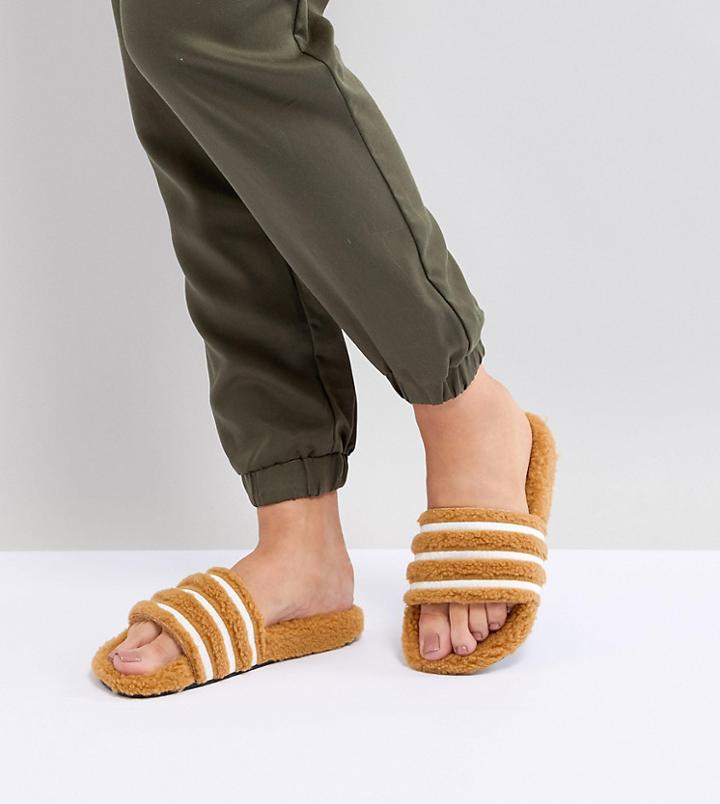 Adidas Originals Adilette Furry Slider Sandals In Tan - Black