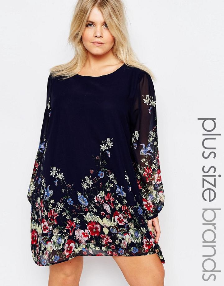 Yumi Plus Shift Dress In Floral Border Print - Navy