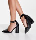 London Rebel Wide Fit Pointed Block Heel Shoes In Black Croc
