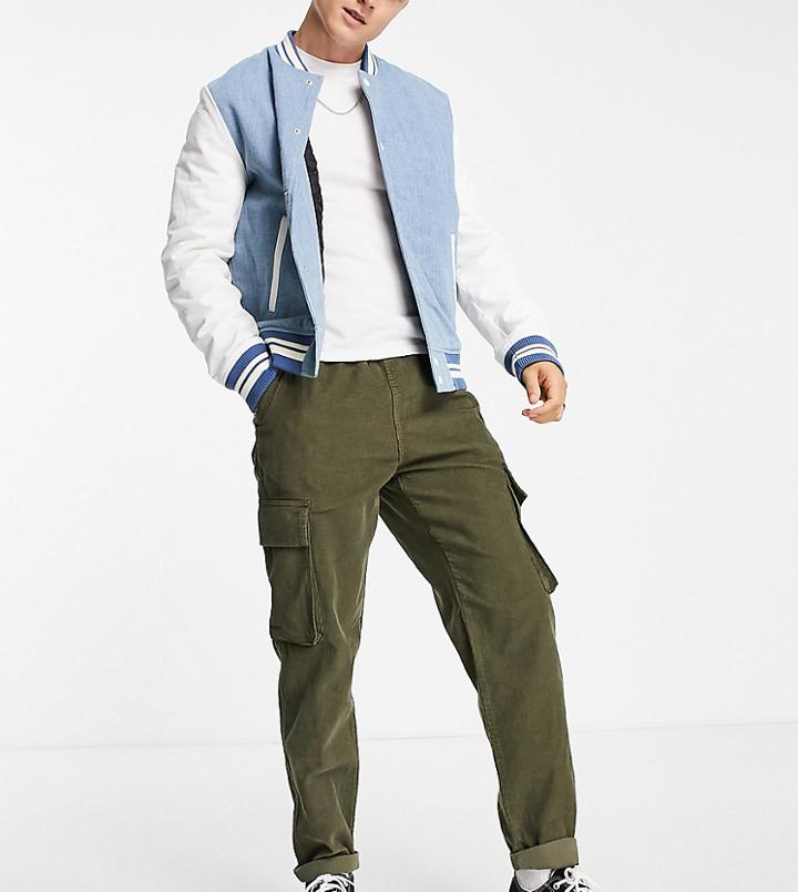 New Look Cord Cargos With Elastic Waist In Khaki-green