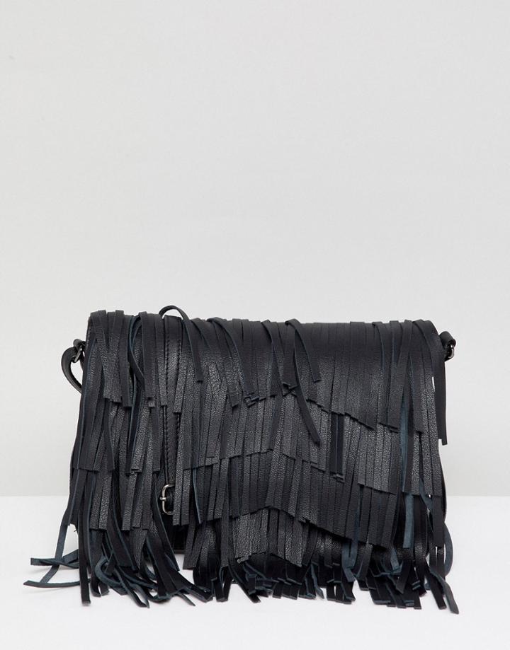 Urbancode Leather Cross Body Bag With Detacable Fringing - Black
