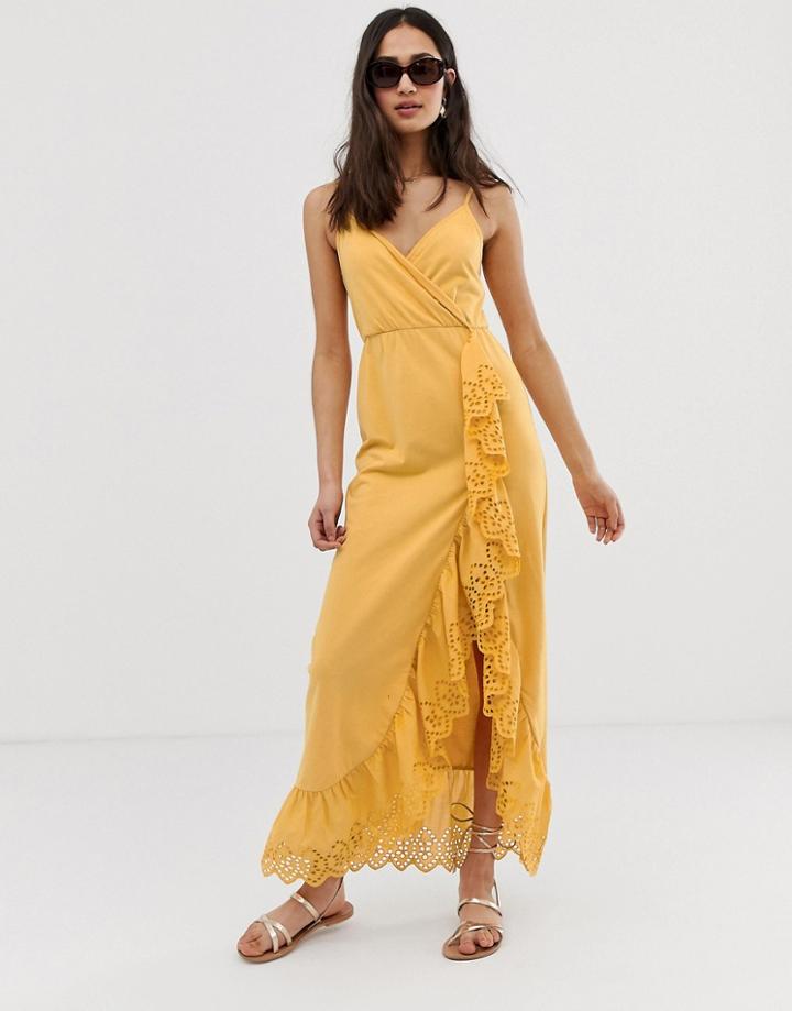 Asos Design Broderie Trim Wrap Maxi Dress-yellow