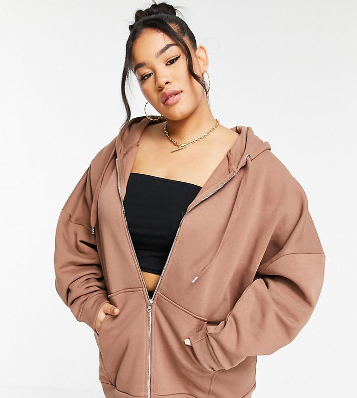 Asos Design Curve Oversized Hoodie With Zip In Brown