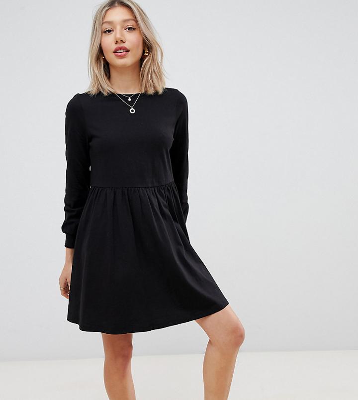 Asos Design Petite Long Sleeve Cotton Smock Dress-black