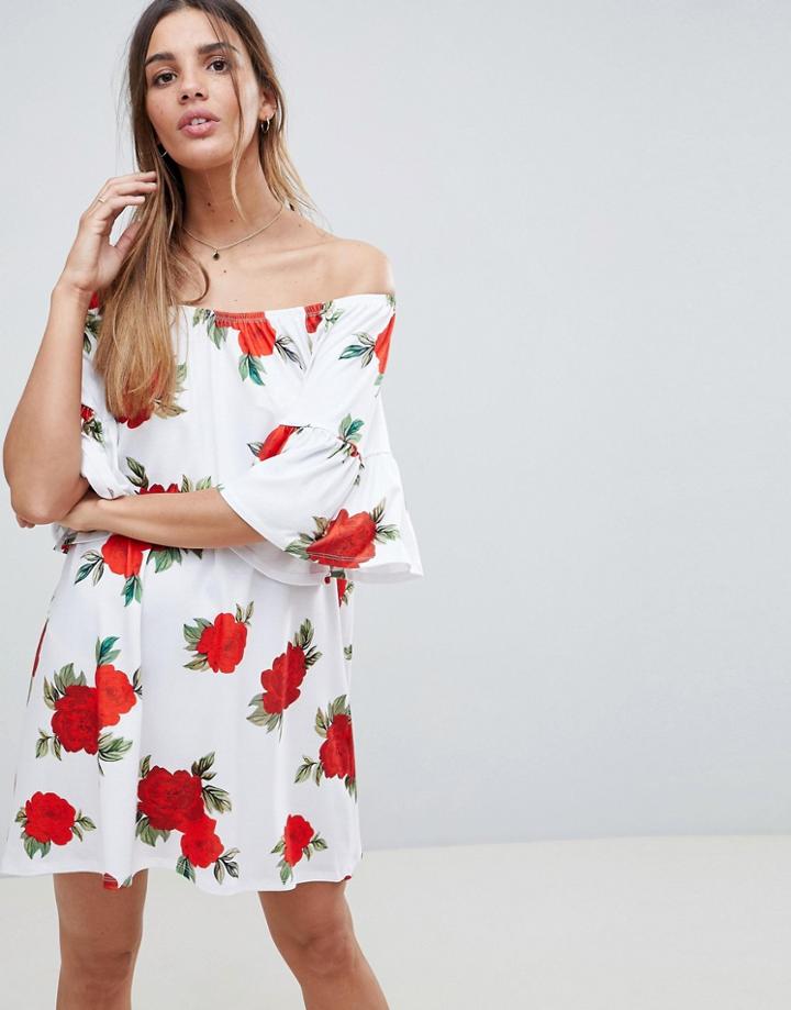 Asos Design Off Shoulder Sundress With Trumpet Sleeves In Rose Print - Multi