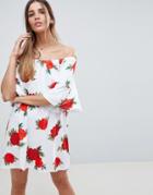 Asos Design Off Shoulder Sundress With Trumpet Sleeves In Rose Print - Multi