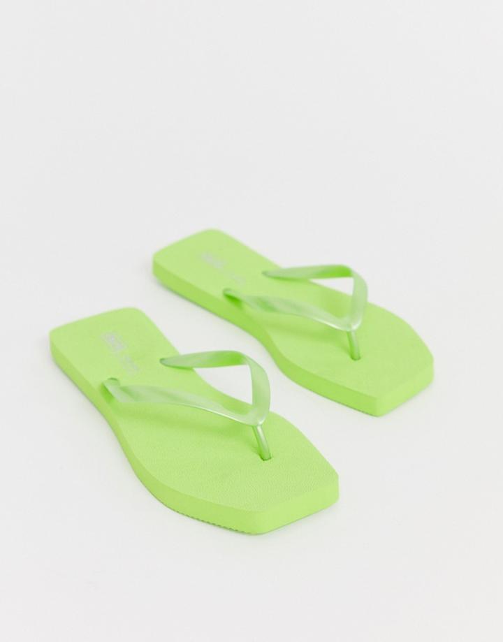Asos Design Fan Square Toe Flip Flops In Neon Green - Green