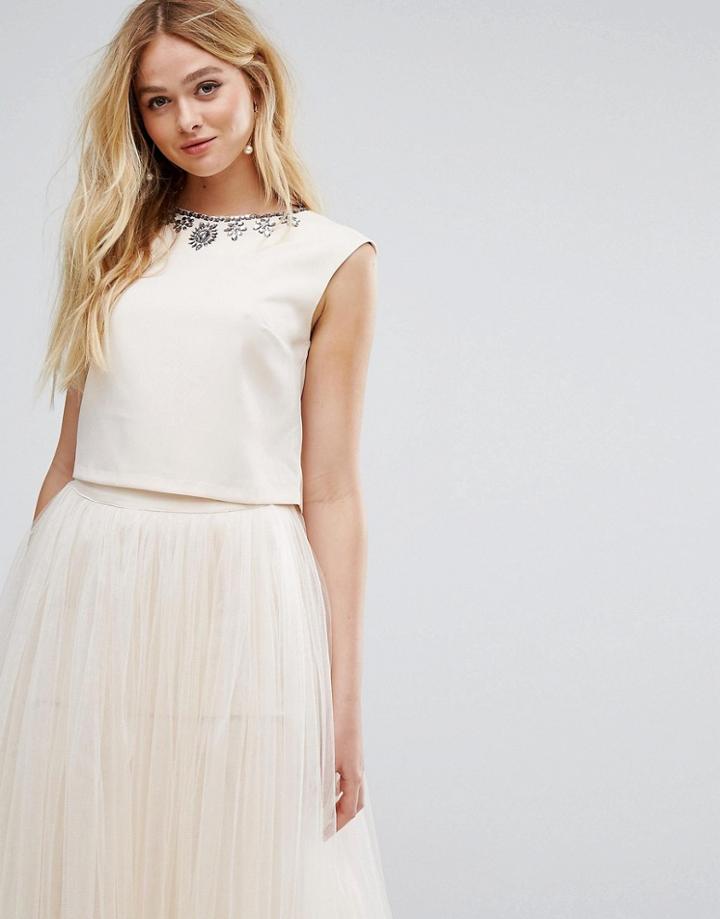 Little Mistress Cropped Top With Embellished Neckline - Cream