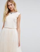 Little Mistress Cropped Top With Embellished Neckline - Cream