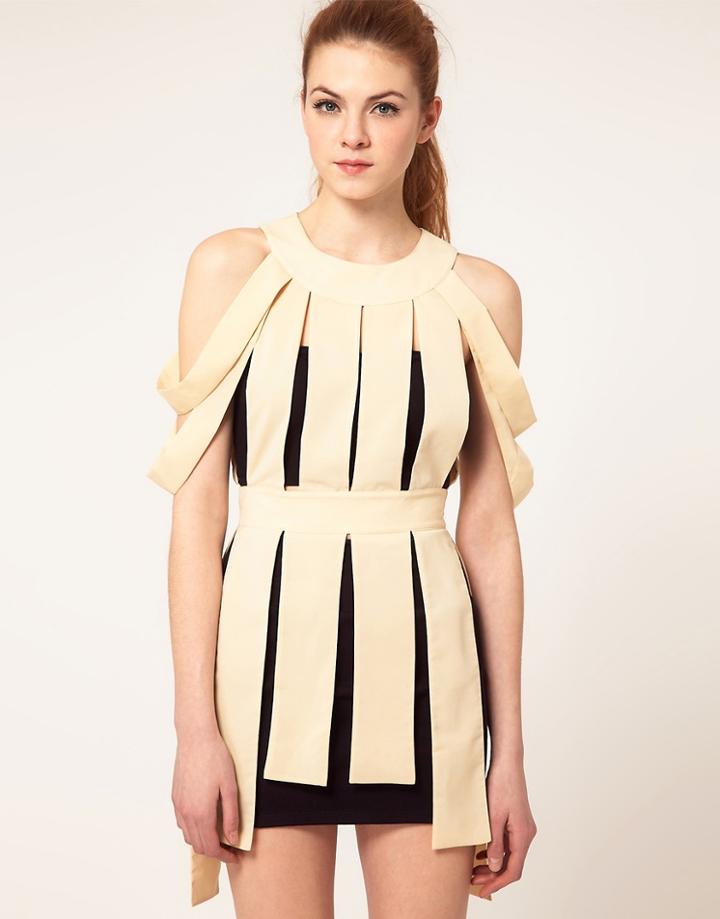 Cameo Spliced Light Fabric Strip Top - Black