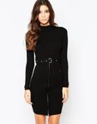 Michelle Keegan Loves Lipsy Knitted Dress With Zip And Belt Detail - Black