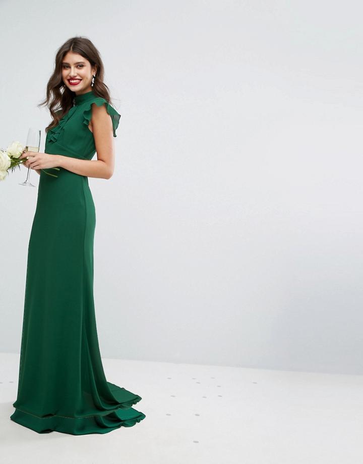 Tfnc Wedding Flutter Sleeve Fitted Maxi Dress In Chiffon - Green