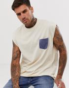 Asos Design Oversized Sleeveless T-shirt With Contrast Pocket In Beige - Beige