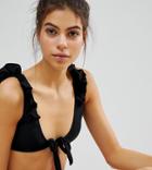 Missguided Mix And Match Frill Shoulder Tie Front Bikini Top In Black - Black