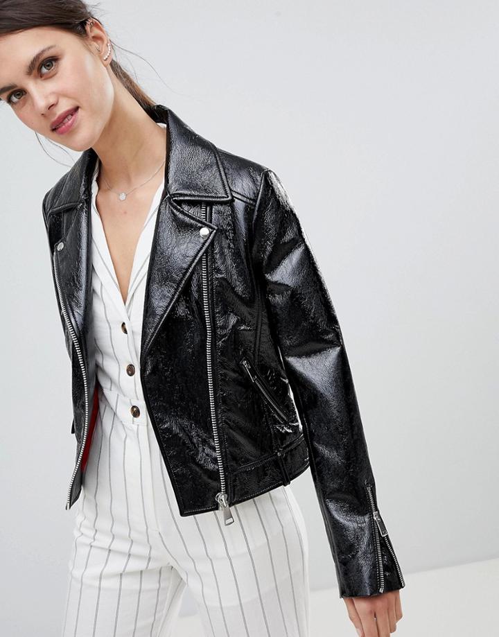 Lab Leather Biker Jacket In Patent - Black