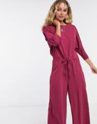 Asos Design Lounge Jersey Slub Tie Waist Casual Jumpsuit In Oxblood-red