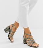 Asos Design Wide Fit Winning Strappy Block Heeled Sandals In Natural Snake-multi